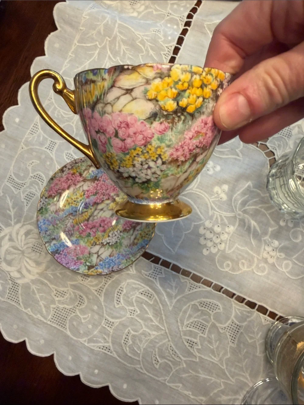 Floral Gold-Trim Porcelain Teacup and Saucer - Pink, Yellow, Blue